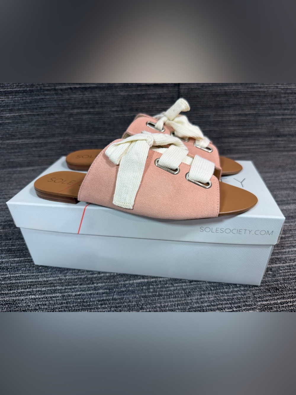 Sole Society So-Marinn Coral Dust Suede Slide Sandals - Cream Lace Ties Size 8M